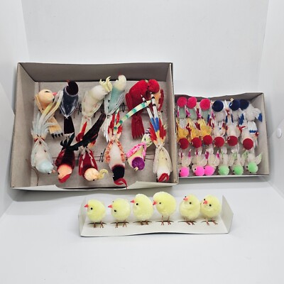 VINTAGE LOT 3 BOX CHENILLE (SPARROWS , PARROTS, CHICKS) TREE DECORATIONS CHINA