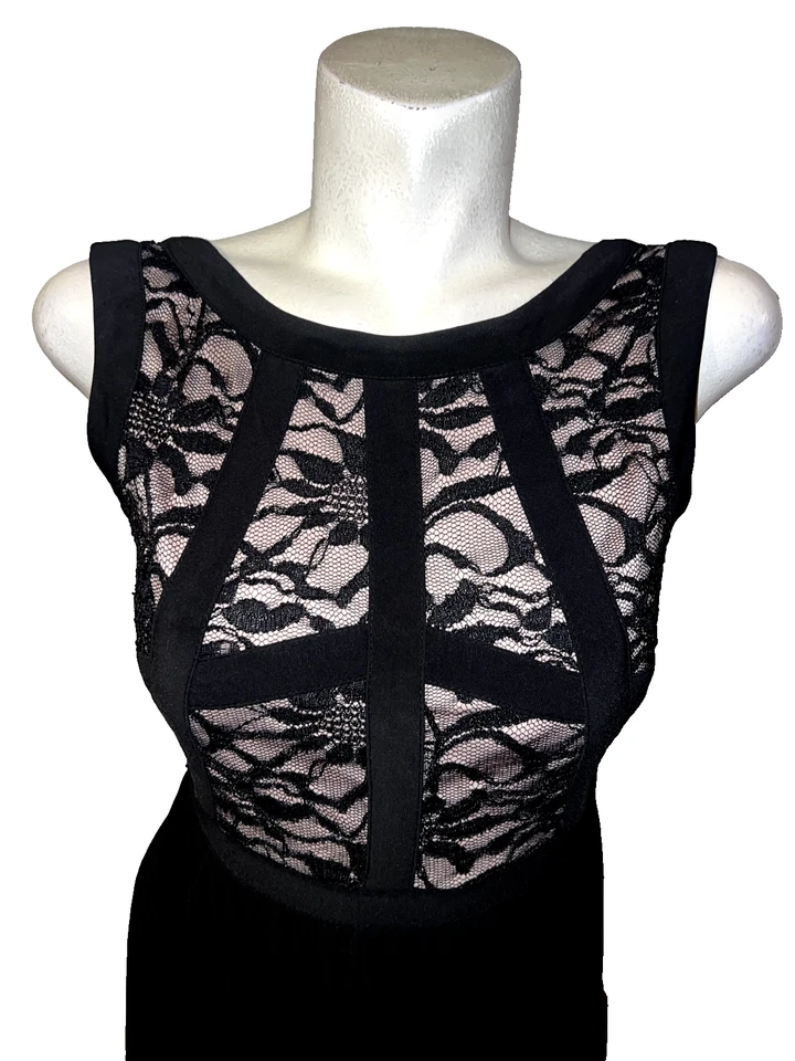 Nuevo Mini Vestido MORGAN & CO. Talla 3/4 Sexy Negro Encaje Panel Forrado con Cola Larga Transparente Foto 2 de 4