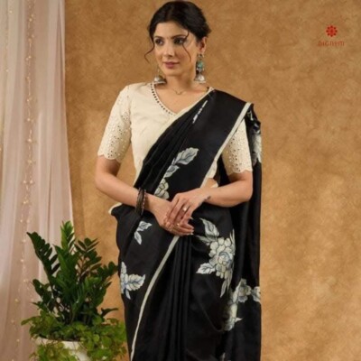 Black Pure Silk Hand Painted Saree