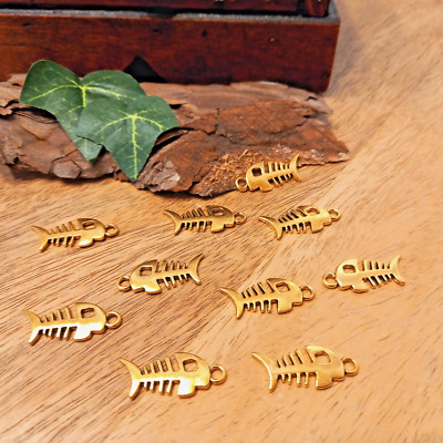 10 Fischgräten / fishbone Charms Kettenanhänger goldfarben Schmuck DIY (14)