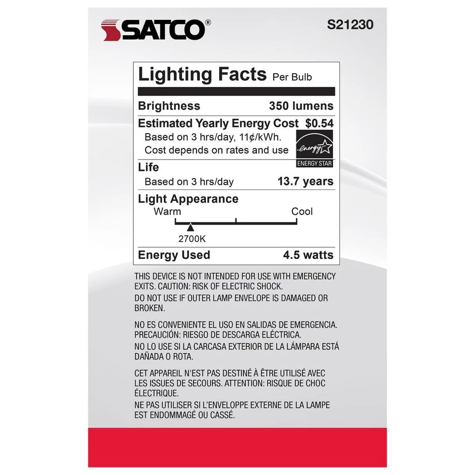 SATCO S21230- 4.5 Watt G25 LED Candelabra Bulb - 2700K - 120 Volts (6 Pack) - Image 3 of 4