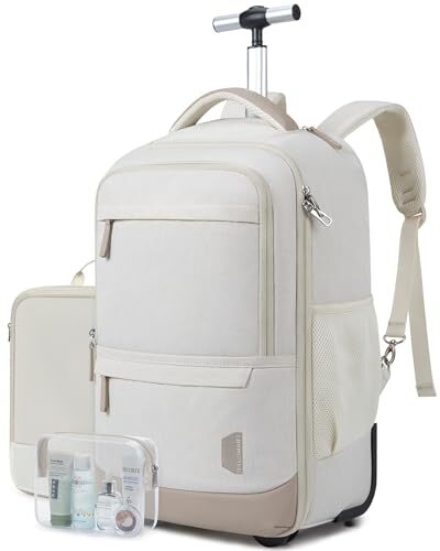 Rolling Backpack, Water-Resistant Travel Laptop Backpacks Beige With Wheels