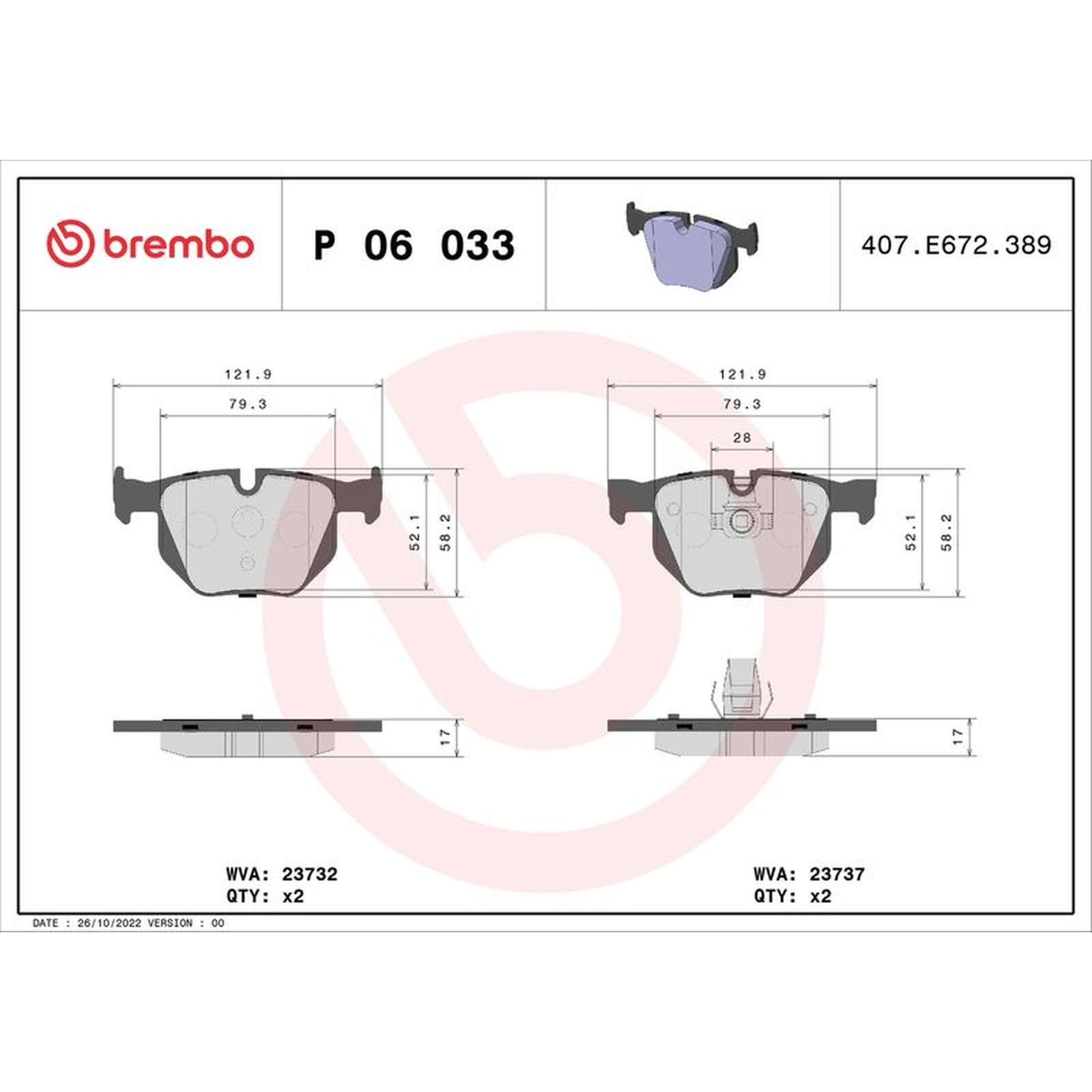 Brembo Rear Brake Pad Set (2 Wheels on 1 Axle) P 06 033 / P06033 - Fits BMW