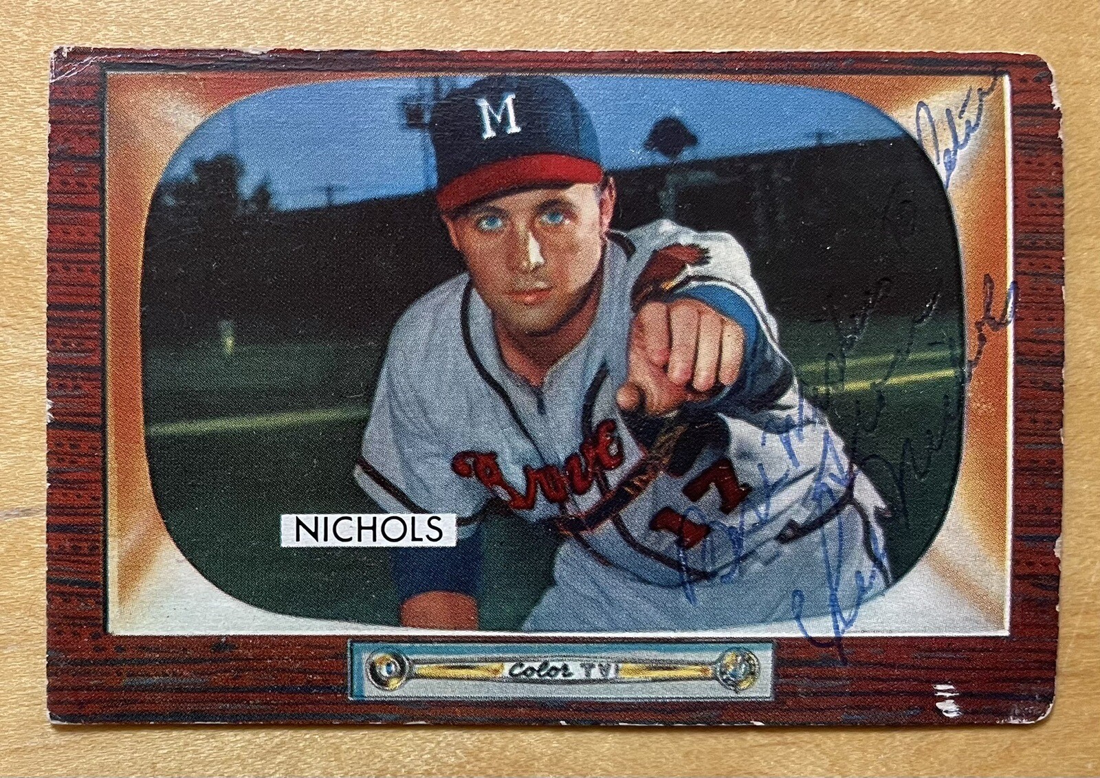 Chet Nichols Autograph 1955 Bowman Baseball #72 Milwaukee Braves Low Grade