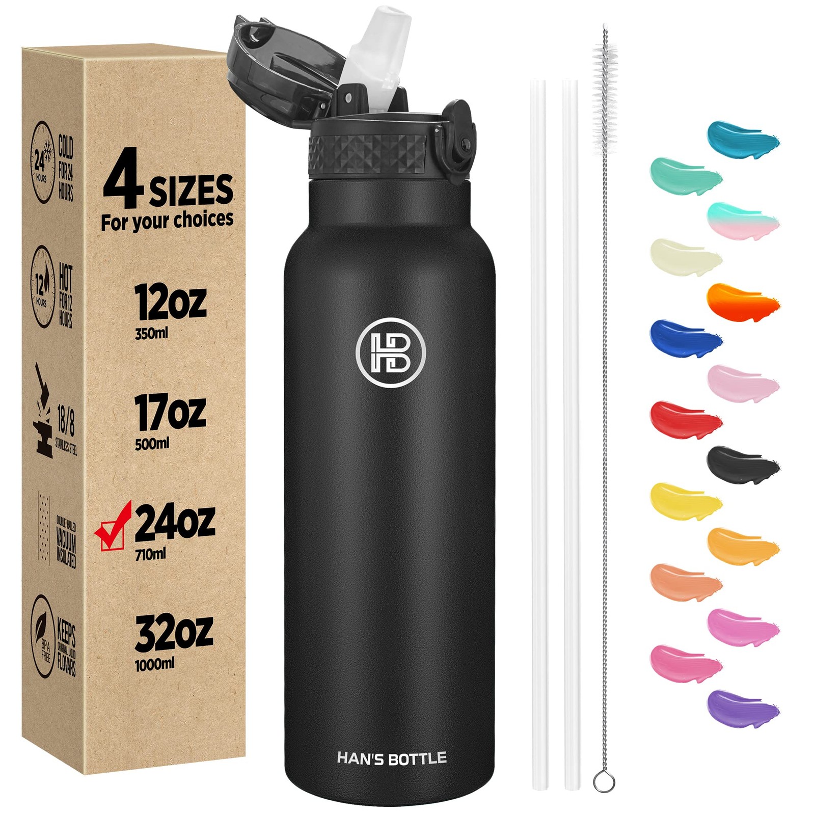 Sports Water Bottle 24 Oz Straw Lid Leak Proof Vacuum Insula