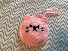 Crochet Wristlet Cat Pouch- Keychain, Mini Coin purse, Homemade, Pink, New