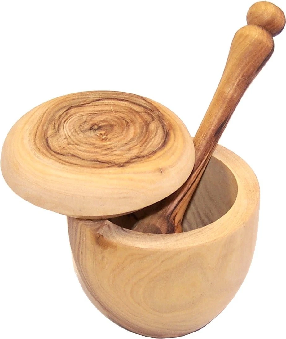 Olive wood Salt Cellar with long Salt Spoon set (3 Inch Cellar and 5 Inch spoon)