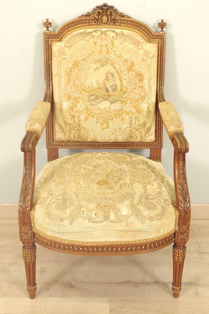 Four Louis XVI style armchairs upholstered in petit point tapestry thumbnail 4