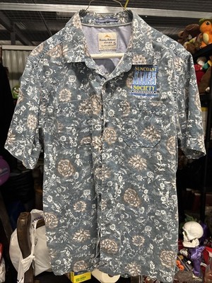 Tommy Bahama Jeans Button Up Shirt Men s Med Suncoast Blues Society Patch Floral