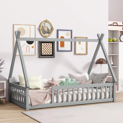 Montessori Twin Bed with Tent Frame & Safety Fence - Gray for Kids