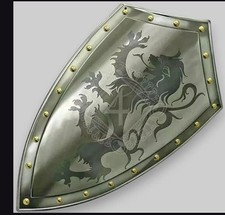 Medieval Lion Crest Shield - Sturdy Metal with Brass Rivets