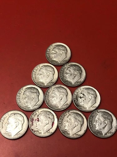 US  Silver Dimes, Lot Of 10 Dimes, Roos, Circ, 1964 And Before.