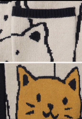 Aelfric Eden Cartoon Cat Print Knit Button Up V Neck Cardigan Navy Cream Size M - Picture 6 of 10