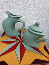 MICHAEL LAMBERT STUDIO Dancing & Struttin Creamer & Sugar Set Signed Aqua Green