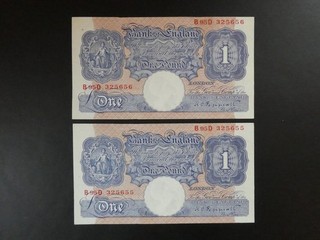 2No. CONSECUTIVE 1940 WWII PEPPIATT (GB/ENGLAND) £1 BANKNOTES ORIGINAL aEF