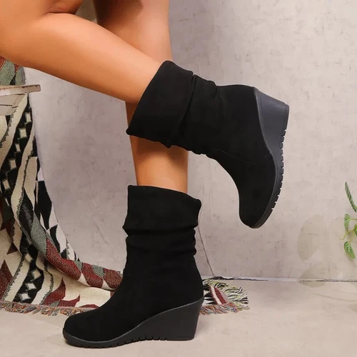 Stivali invernali donna metà polpaccio zeppa tacco alto vintage casual donna equitazione - Foto 5 di 8