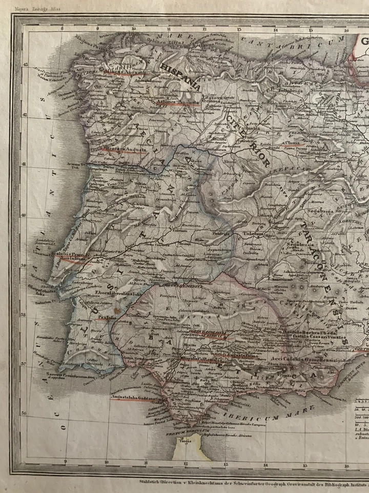 1852 ANCIENT SPAIN & PORTUGAL ANTIQUE HAND COLOURED MAP BY MEYER - Image 2 of 3