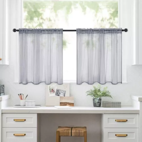 Short Sheer Curtains Kitchen Cafe Small Net Voile Window Drapes Weave Tier Tulle - Picture 14 of 15