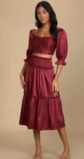 Lulus Whirlwind Romance Burgandy Satin Floral Jacquard Two-Piece Dress NWT