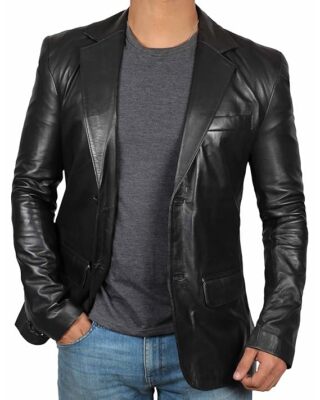 Brand New Genuine Black Soft Lambskin Men Leather Blazer Jacket Two Button Coat