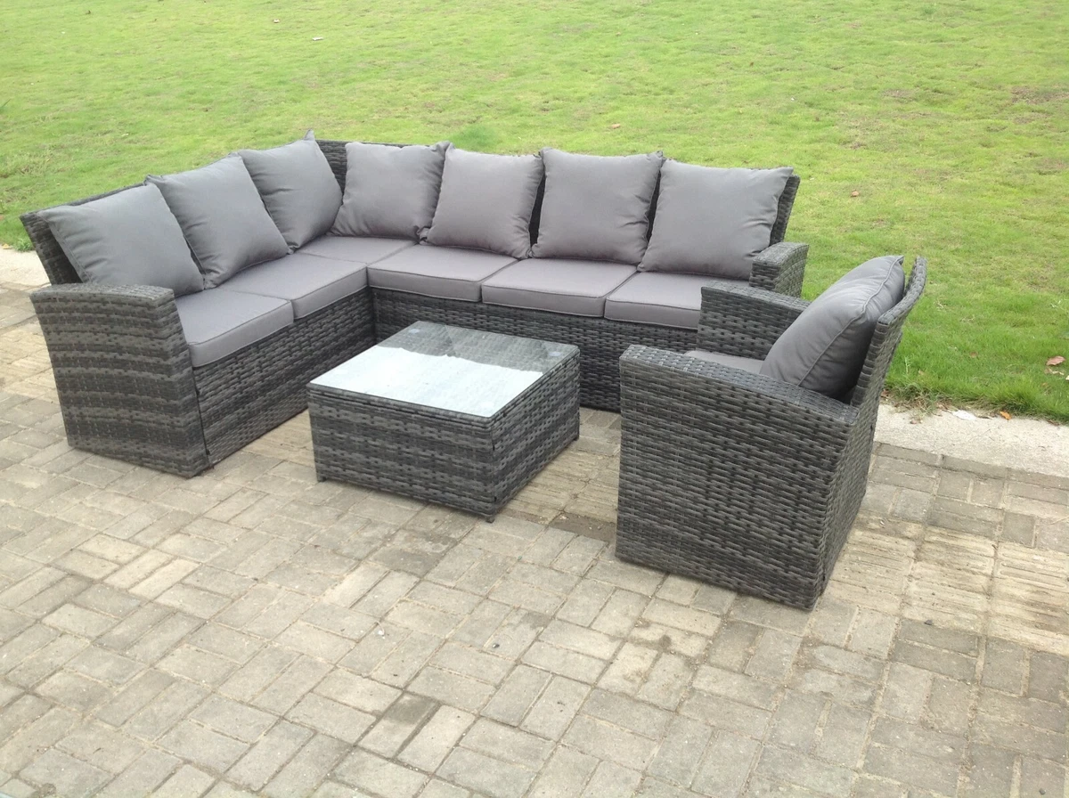 7 Seater rattan corner sofa set square coffee table chair outdoor furniture grey