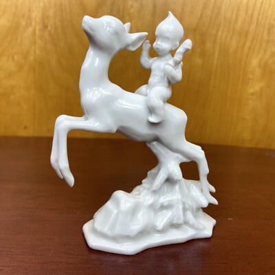 Antique Rosenthal 4.5  Porcelain Cherub Riding Fawn Figurine Germany Kewpie Deer