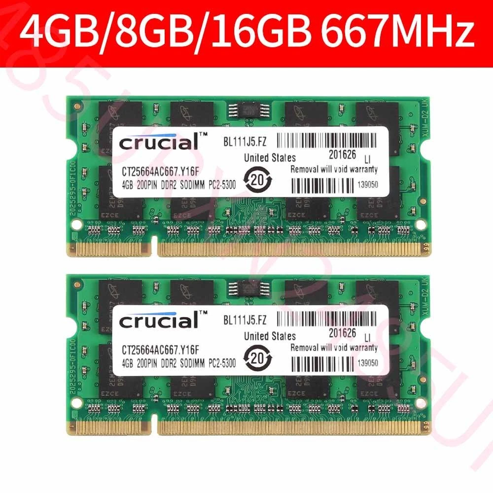 Barrette RAM DDR2 SODIMM 1 Go 667 MHz PC2-5300S CL5 - Crucial - Occasion