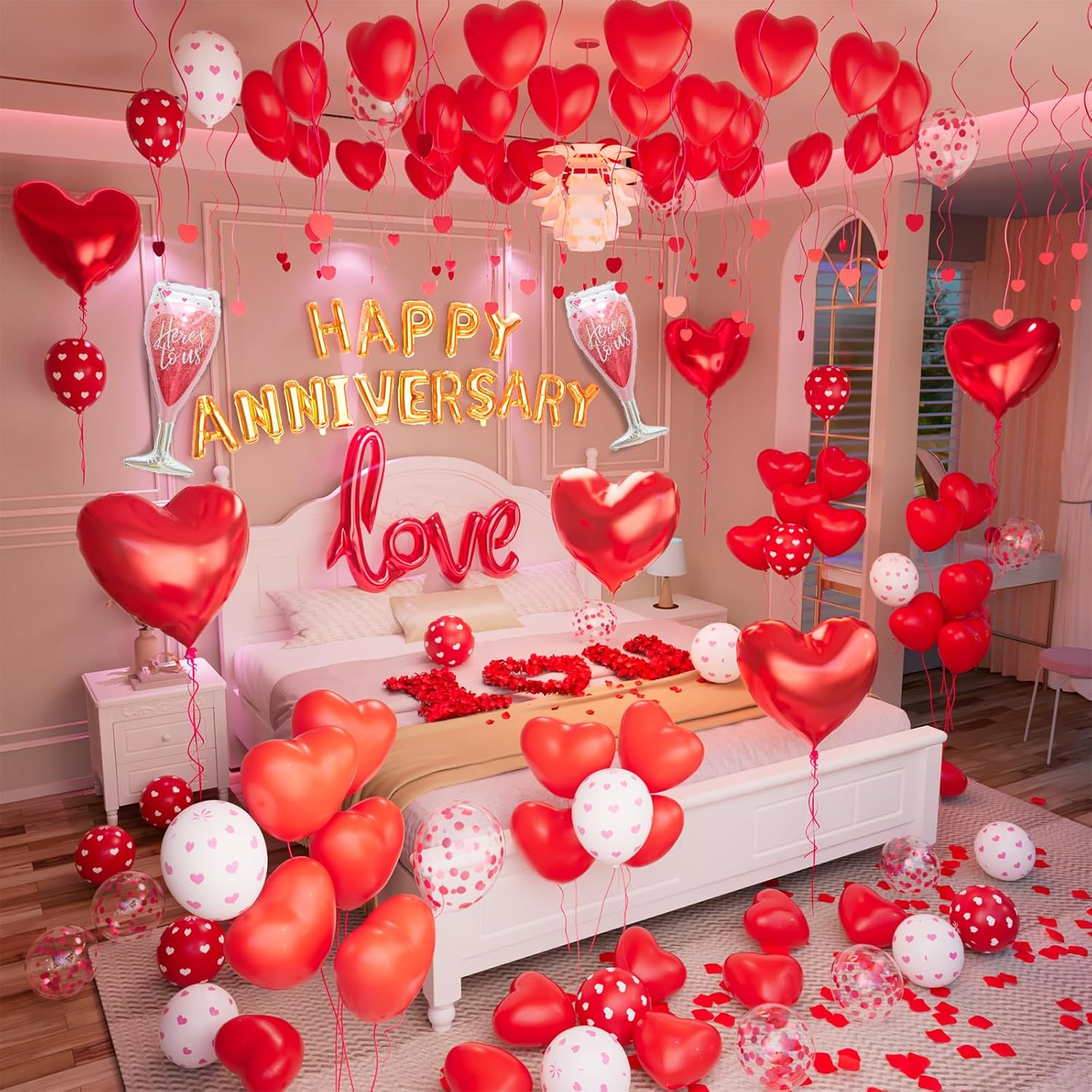Romantic Anniversary and Valentine's Day Decorations with Balloons and Banners