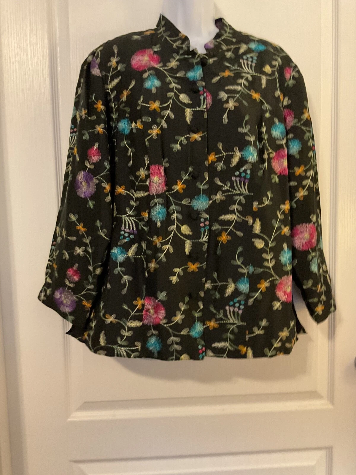 VETEMENTS Dressbarn 100% seta ricamata nera floreale bottoni davanti giacca foderata 1X B9