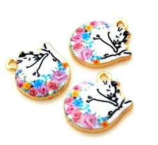 4 Enamel Sleeping Curled Up Kitty Cat Gold Bead Drop 15mm Charms Pendants