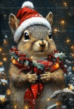 SQUIRREL SANTA HAT ART PRINT, Winter Holiday Decor, Christmas Portrait E545