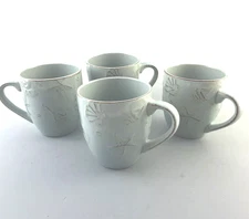 Set 4 Thomson Pottery CAPE COD Rustic Blue 4” Coffee Mugs Embossed Shells