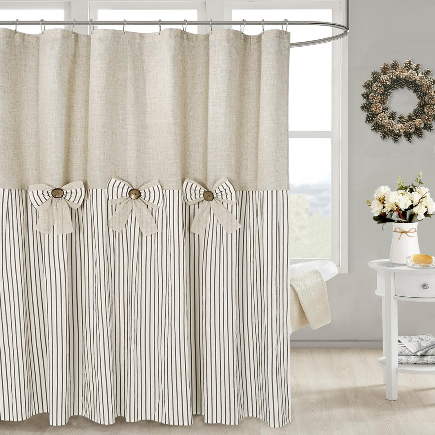 Linen Cotton Woven Farmhouse Beige Shower Curtain with Bowknot Design