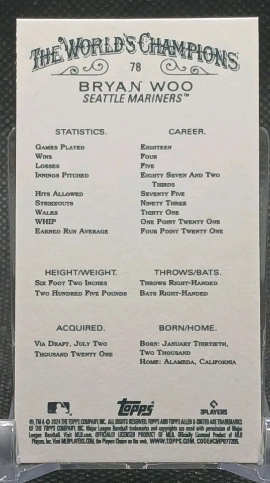 Bryan Woo RC Mini Black Border 2024 Topps Allen & Ginter #78 Seattle Mariners - Image 2 of 4
