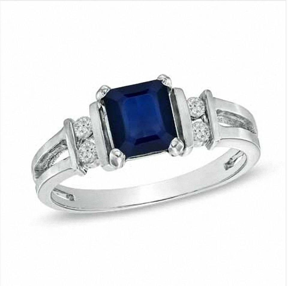 Anillo De Compromiso Solitario Pavé Oro Blanco 9K Zafiro Azul Diamant - Diseño Natural Fino