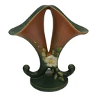 Roseville Pottery White Rose 1940 Brown and Green Double Cornucopia Vase 145-8