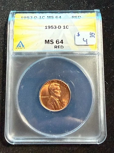 1953 D LINCOLN WHEAT CENT ANACS MS 64 RD 157