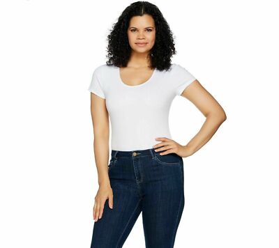 Du Jour Short Sleeve Scoop Neckline Knit Bodysuit, White, XS