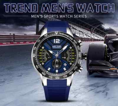 Montre Chronographe Homme Megir Bleu - Cadran Noir, Bracelet Silicone - Étanche 30m - Quartz - Neuf