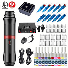 POSEIDON Tattoo Machine Kit Pen Rotary Motor Power Supply Needle 10 Color Inks
