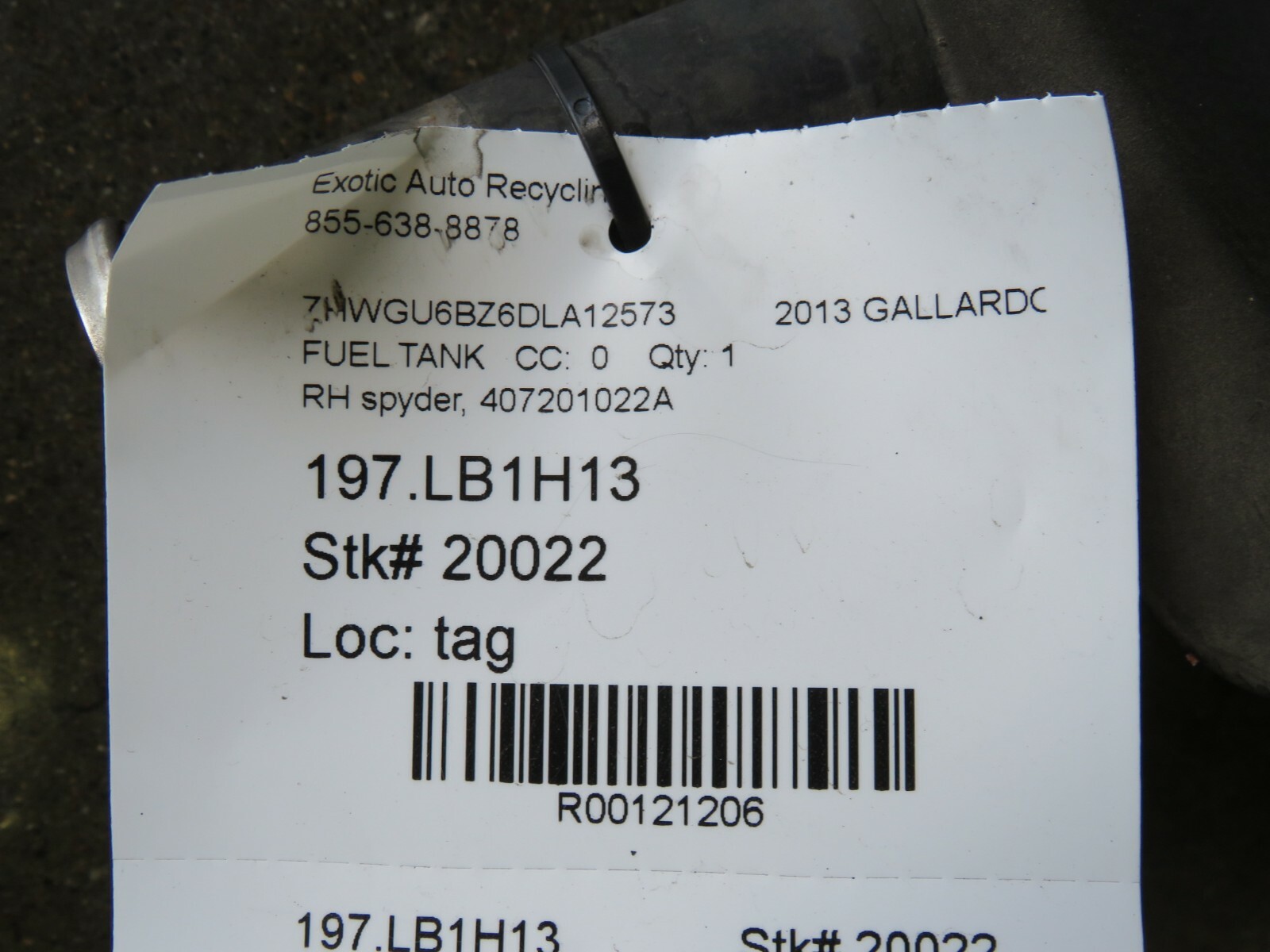 Lamborghini Gallardo Spyder, RH, Right, Fuel Tank, Used, P/N 407201022A