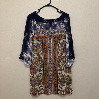 Anthropologie Maeve Canna Silk Shift Mini Dress Lined 3/4 Sleeve