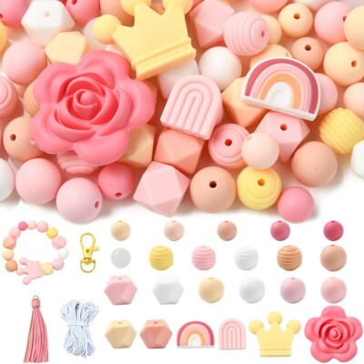 100Pcs Pink Silicone Beads Kit Hexagon Bead Tassel for DIY Craft Keychain Making