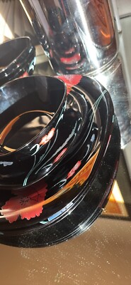 Vintage Arcoroc France Black Glass Pink Blue Poppies Dinnerware 12 Pc 