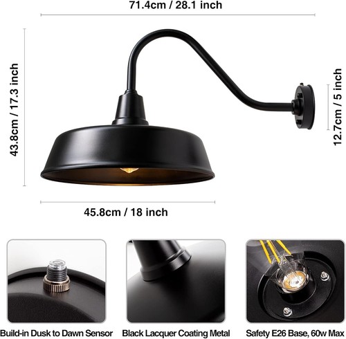 Barn Lights Outdoor Gooseneck Lighting, 18" Diameter Dusk to Dawn Exterior - Picture 2 of 7
