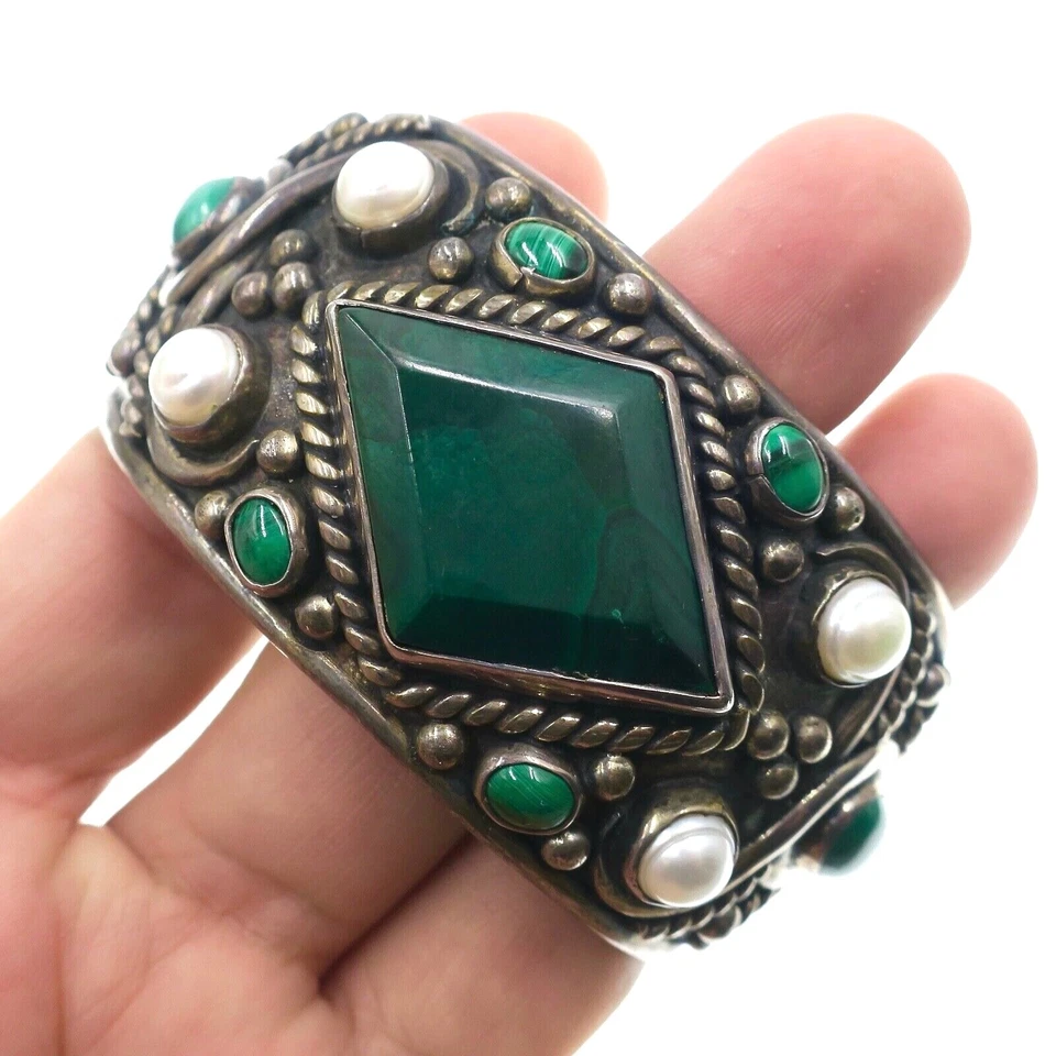 Hand Made Sterling Silver Malachite and Pearl Cuff Bracelet 7 inches - Image 2 of 3