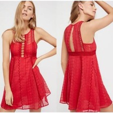 Free People Wherever You Go Red Boho Crochet Mini Dress With Pockets Size 0