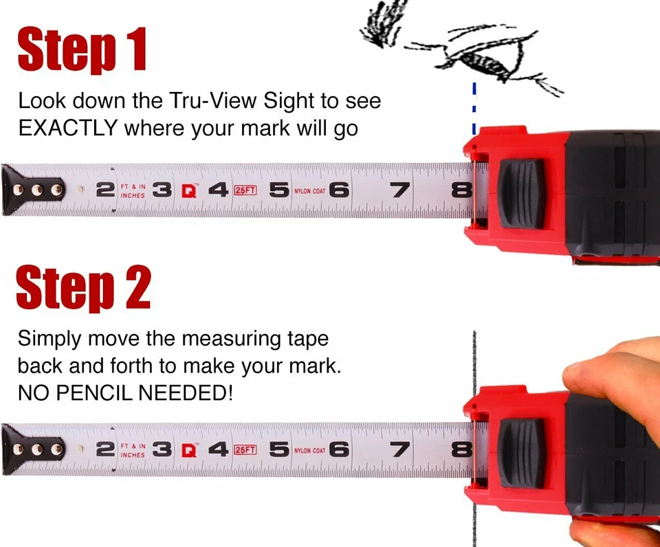 25' Foot QUICKDRAW PRO Self Marking Measuring Tape Built in Pencil Power Locking - Image 3 of 4
