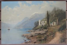 HUGE OLD ca. 1880 Oil Painting ROBERT SCHULTZE Como Artist ITALIAN LAKE DISTRICT