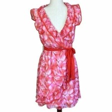 H&M Ruffle Faux Wrap Dress Women 6 Abstract Art Orange Pink Lined Deep V-Neck